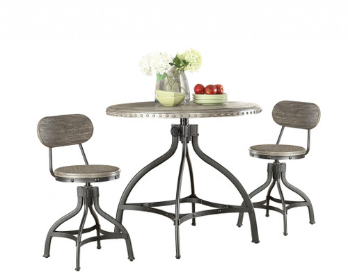 36" X 36" X 36" 3Pc Pack Gray Oak Adjustable Counter Height Dining Set