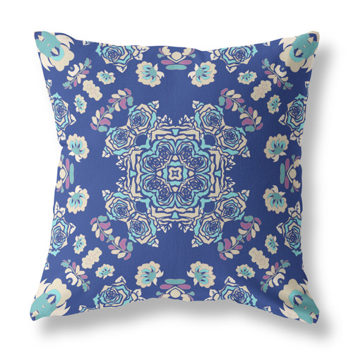 28" X 28" Blue And Off White Broadcloth Floral Throw Pillow