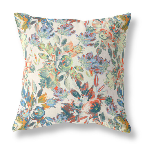 28" X 28" White, Yellow And Green Broadcloth Floral Throw Pillow