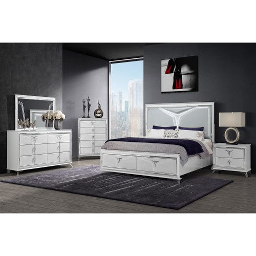White Wood And Faux Leather Lighted King Bed Frame With Two Drawers