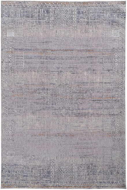 10' X 13' Gray Ivory And Orange Geometric Power Loom Distressed Stain Resistant Area Rug