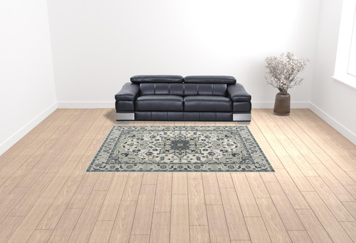 8' X 11' Gray Cream And Ivory Floral Stain Resistant Area Rug