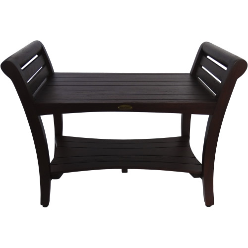 Rectangular Teak Shower Bench With Shelf And Handles In Dark Brown Finish