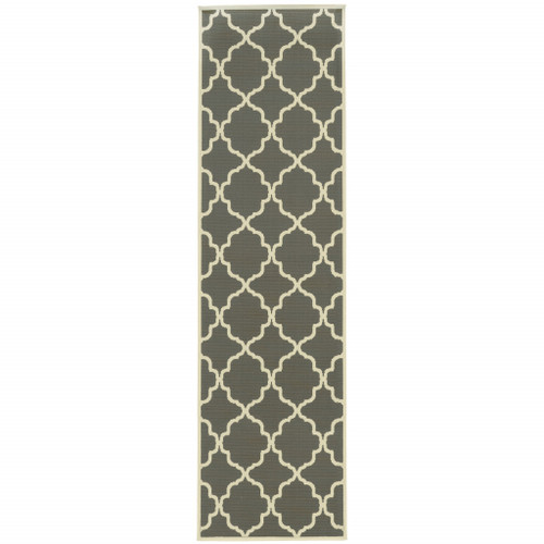 2' X 8' Charcoal Geometric Stain Resistant Indoor Outdoor Area Rug
