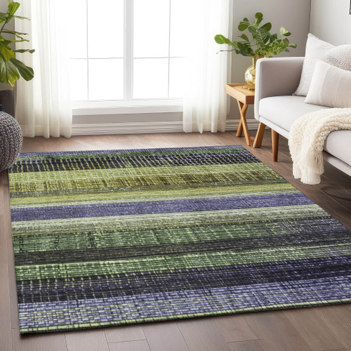 5' X 8' Artichoke Green And Purple Striped Washable Indoor Outdoor Area Rug
