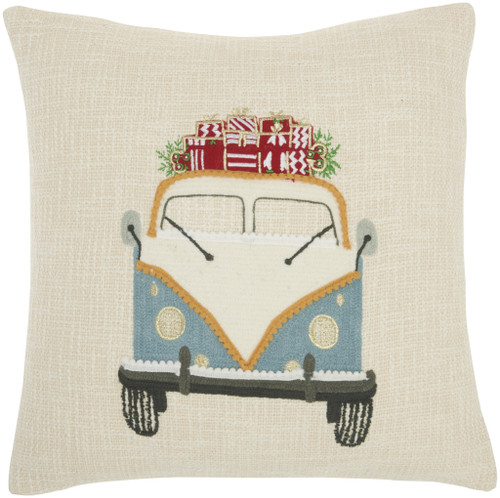 18" X 18" White And Light Blue Zippered Handmade 100% Cotton Christmas Holiday Van Throw Pillow