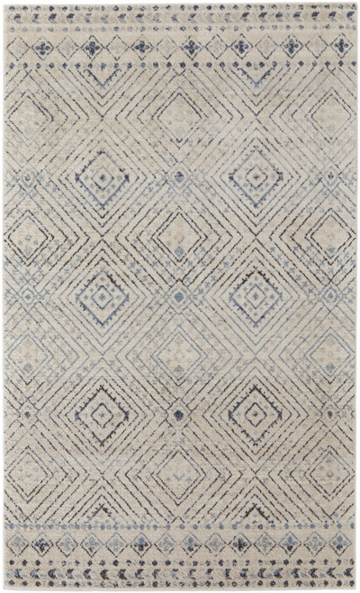 5' X 8' Ivory Blue And Gray Geometric Power Loom Distressed Area Rug