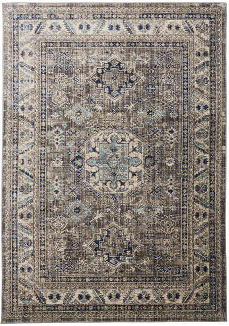 7' X 10' Taupe Gray And Blue Floral Stain Resistant Area Rug