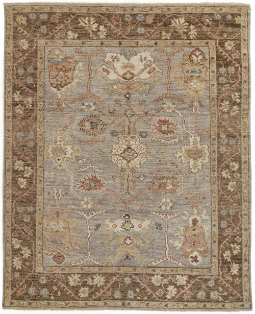 9' X 12' Gray Brown And Gold Wool Floral Hand Knotted Stain Resistant Area Rug With Fringe