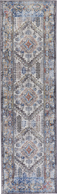 8' Blue Gray And Ivory Floral Stain Resistant Runner Rug