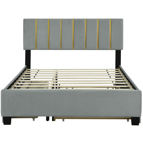 Gray Tufted Velvet Upholstered Queen Bed Frame With Trundle And Drawers