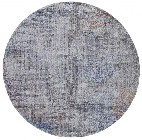 8' Taupe Blue And Ivory Round Abstract Power Loom Distressed Stain Resistant Area Rug