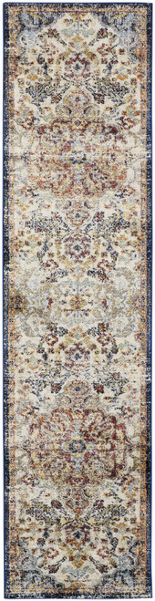 8' Ivory Gold And Blue Floral Stain Resistant Runner Rug