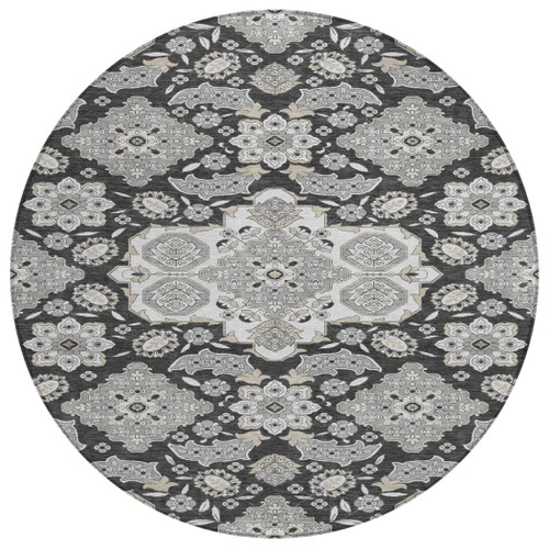 8' Charcoal Gray And Beige Round Medallion Washable Indoor Outdoor Area Rug