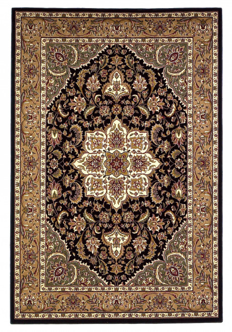 7' Octagon Black or Beige Floral Medallion Bordered Indoor Area Rug