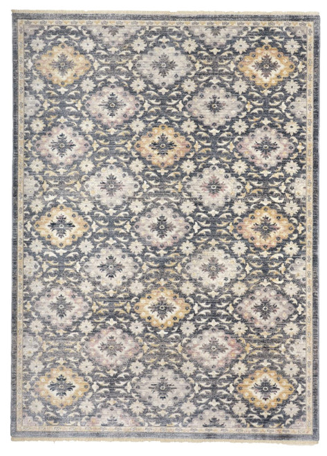 9' X 13' Blue And Gold Floral Stain Resistant Area Rug