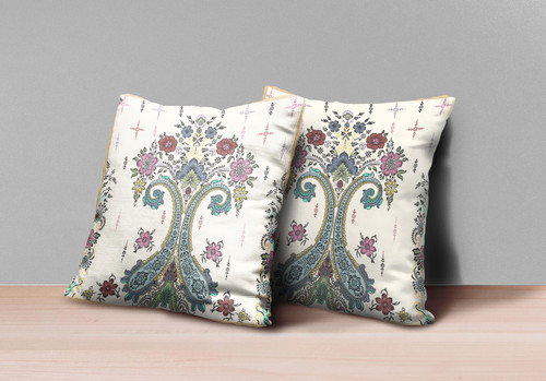 Set Of Two 16" X 16" OffWhite Green Floral Zippered Suede Throw Pillow