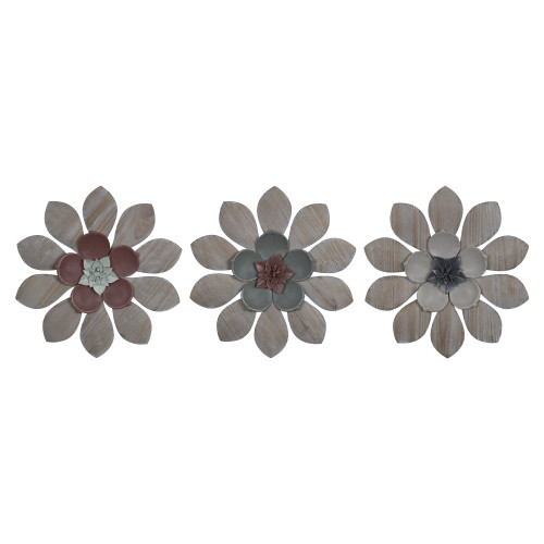Set of Three Wood and Metal Flower Wall Decor