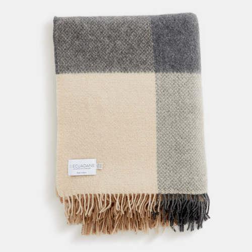 Gray Camel And White Woven Merino Wool Cashmere Checkered Reversable Throw