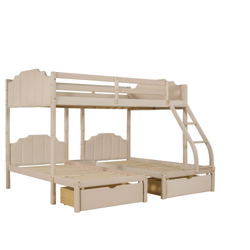 Beige Full Over Two Twins Solid Wood Bunk Bed With Drawers And Storage