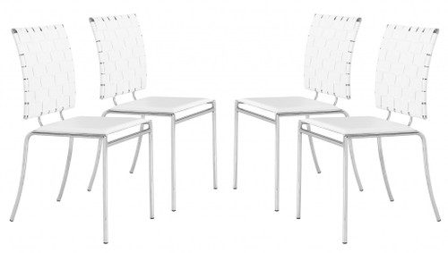 Set of Four White Faux Leather and Steel Modern Basket Weave Dining Chairs
