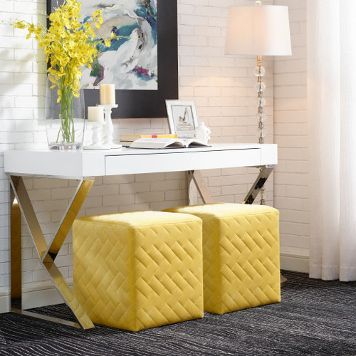 17" Yellow Velvet Quilted Cube Ottoman