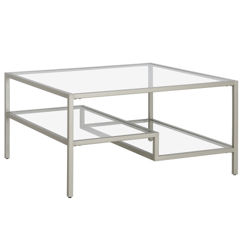 32" Silver Glass Square Coffee Table With Two Shelves