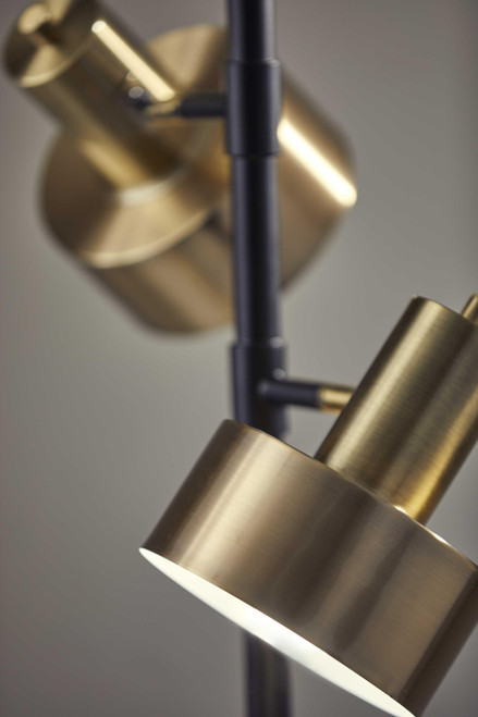 Three Light Floor Lamp with Matte Black Pole and Adjustable Antique Brass Metal Shades