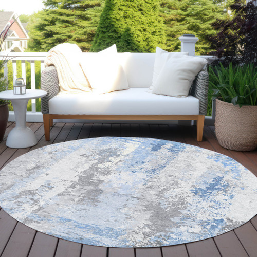 8' Sky Blue And Ivory Round Abstract Washable Indoor Outdoor Area Rug