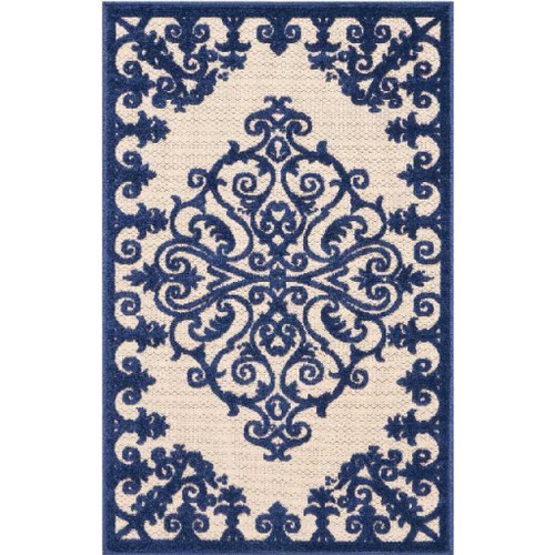 10' X 13' Navy Damask Non Skid Indoor Outdoor Area Rug