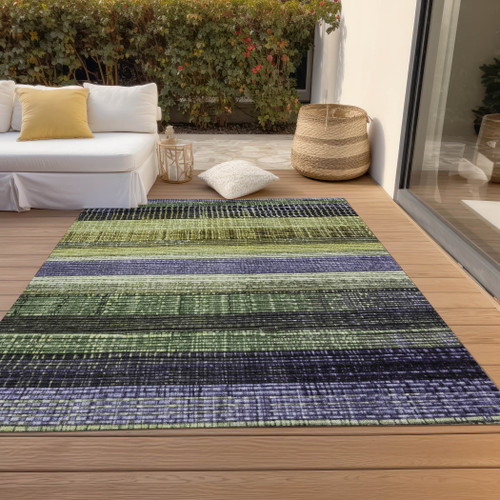3' X 5' Artichoke Green And Purple Striped Washable Indoor Outdoor Area Rug