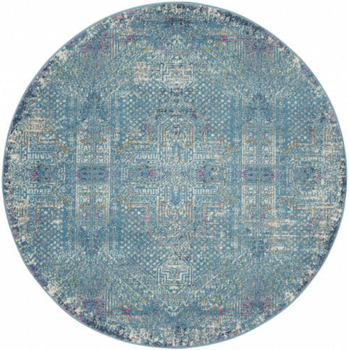 5’ Round Blue Distressed Medallion Area Rug