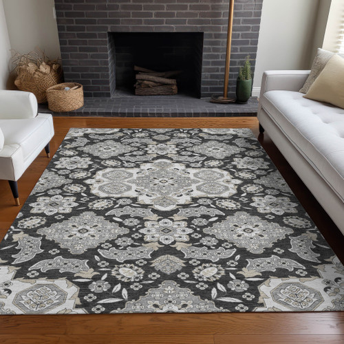 9' X 12' Charcoal Gray And Beige Medallion Washable Indoor Outdoor Area Rug