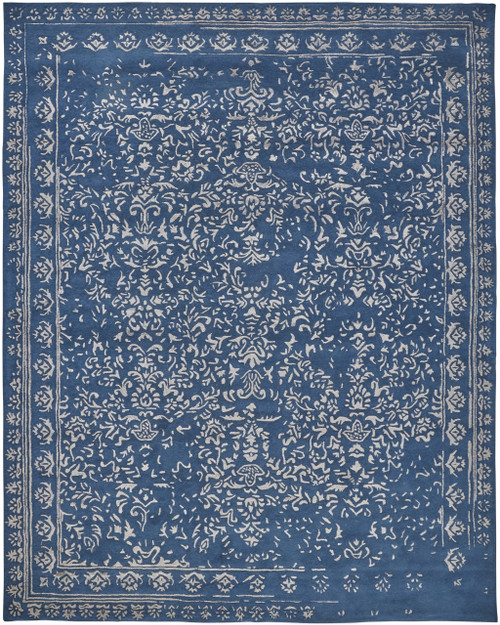 5' X 8' Blue And Silver Wool Floral Tufted Handmade Distressed Area Rug