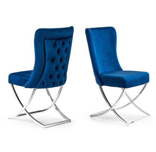 Set Of Two Tufted Blue and Chrome Upholstered Microfiber Dining Chairs