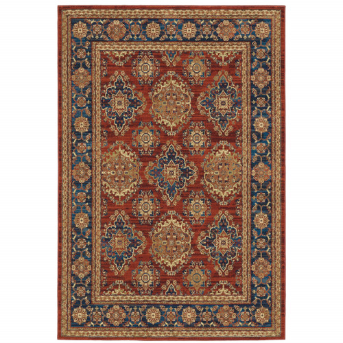 4' X 6' Red Blue And Gold Oriental Power Loom Stain Resistant Area Rug