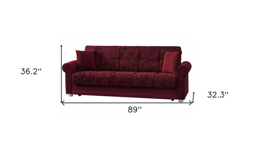 89" Burgundy Chenille Convertible Futon Sleeper Sofa And Toss Pillows With Storage