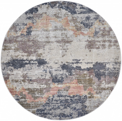 6' Blue Gray And Ivory Round Abstract Stain Resistant Area Rug