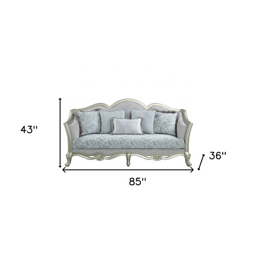 85" Light Gray Linen Damask Sofa And Toss Pillows With Champagne Legs