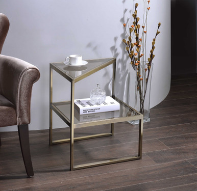 22" Gold And Clear Glass End Table With Magazine Holder