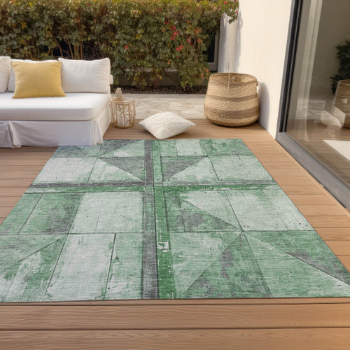 5' X 8' Green And Gray Geometric Washable Indoor Outdoor Area Rug