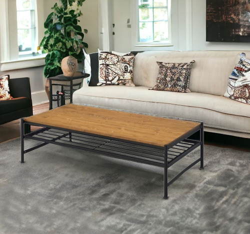 47" Black And Oak Solid Wood Rectangular Coffee Table With Shelf