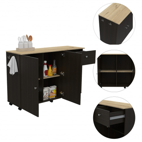 Black 54" Rolling Kitchen Island With Storage