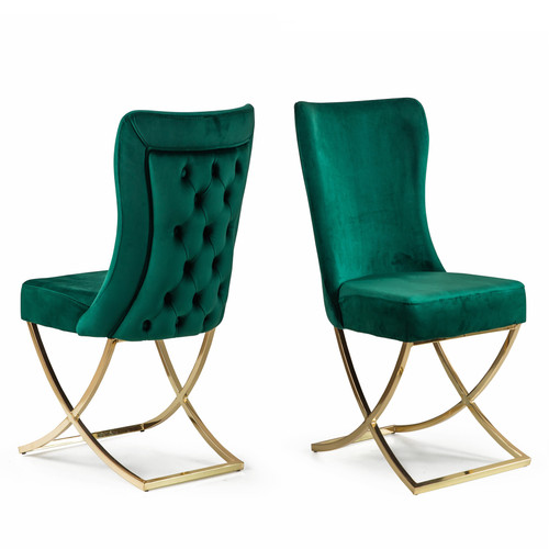 Set Of Two Tufted Green and Gold Upholstered Microfiber Dining Chairs