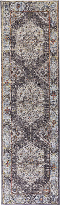 8' Purple Gray And Ivory Abstract Stain Resistant Runner Rug