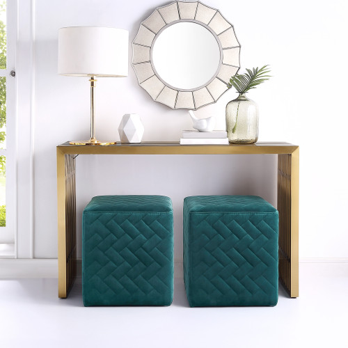 17" Hunter Green Velvet Quilted Cube Ottoman