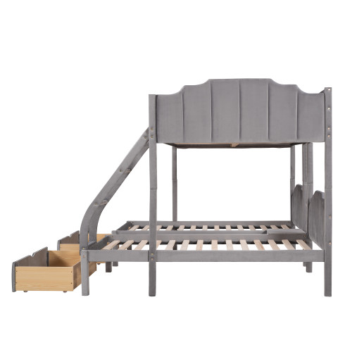 Gray Full Over Two Twins Solid Wood Bunk Bed With Drawers And Storage