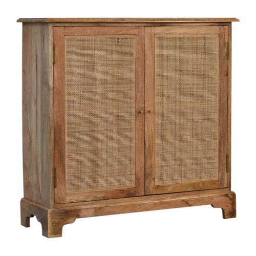 34" Brown Solid Wood And Textured Rattan Accent Cabinet With Two Doors