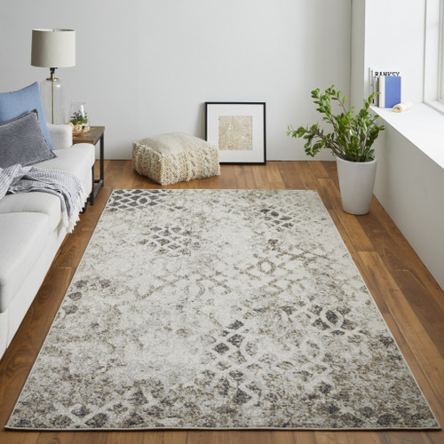5' X 8' Ivory And Gray Abstract Power Loom Distressed Area Rug