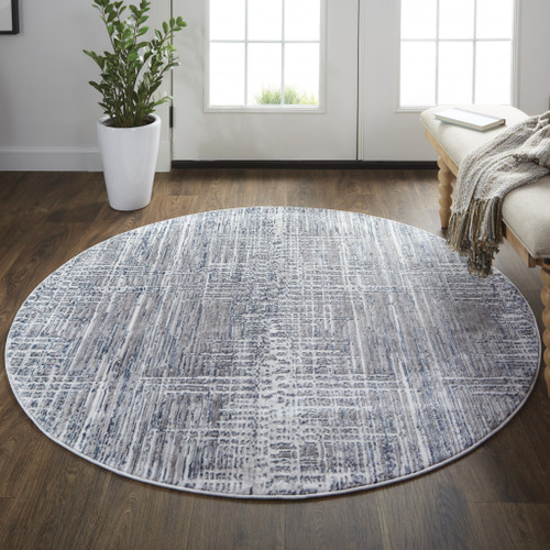6' Gray And Blue Round Abstract Stain Resistant Area Rug